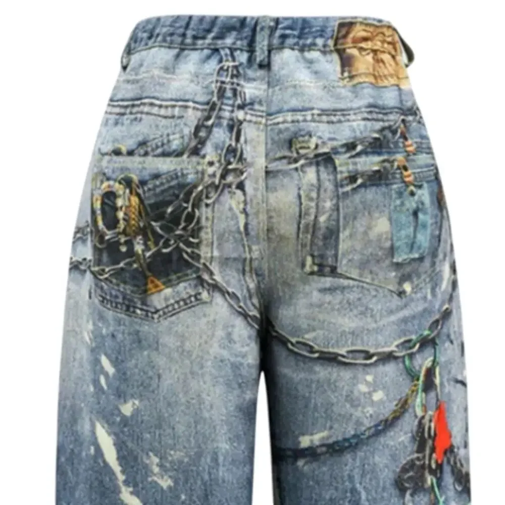 Micas Printed Distressed Denim Effect Wide Leg Trousers 0XL NWT Streetwear
